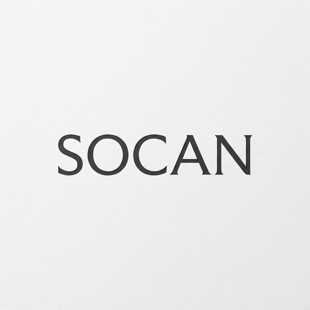The word “SOCAN” in large dark serif letters centered on a textured off-white background.