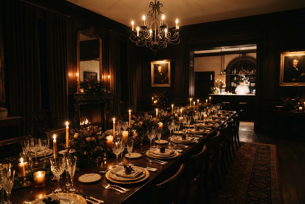 Candlelit dining room with a long formally set table, dark wood paneling, portraits, fireplace, and bar.